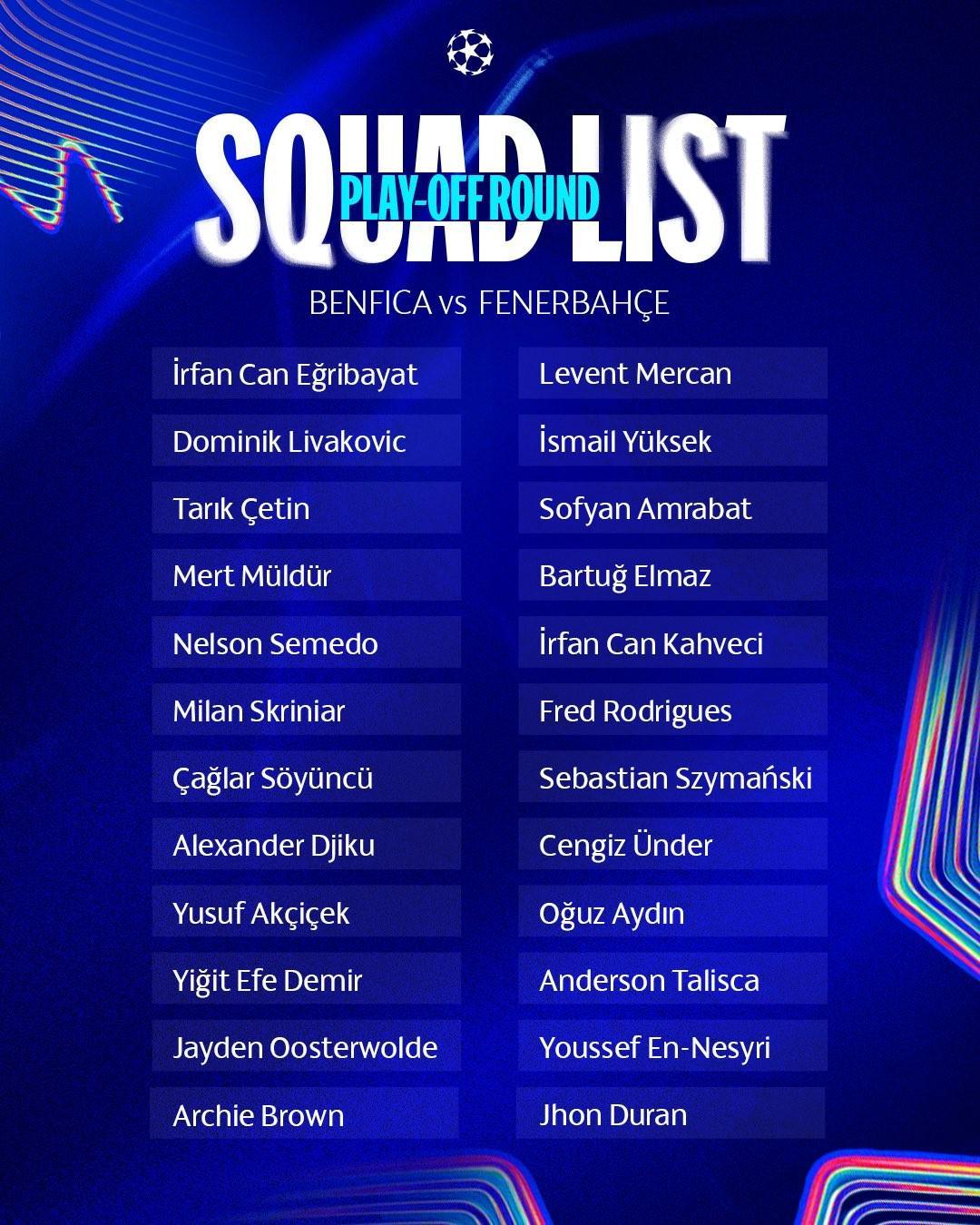 费内巴切欧冠附加赛次回合大名单：塔利斯卡、杜兰、什克在列